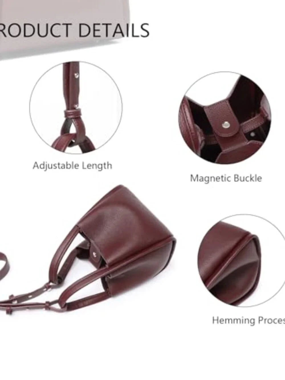 Mini Faux Leather Bucket Bag Crossbody Purse with Zipper Top Handle Adjustable